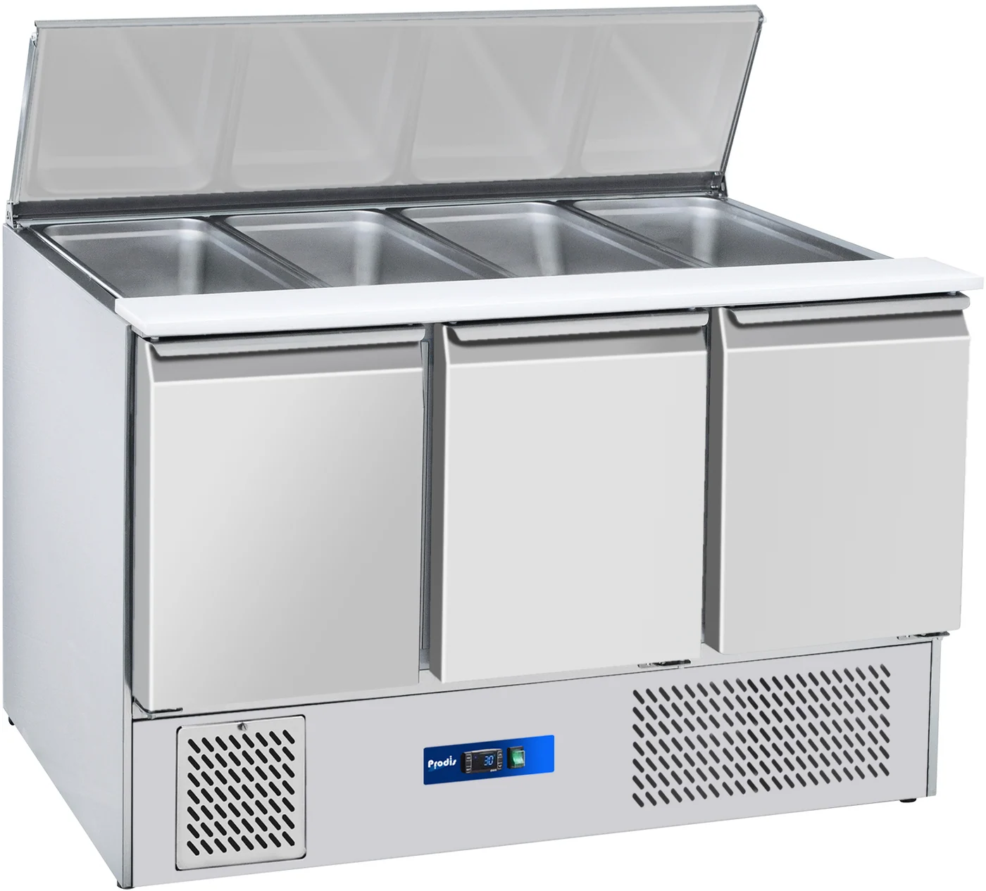 EC-3SALAD-LE 3 Door Compact Saladette Table, 4 x 1/1 GN Topping Well